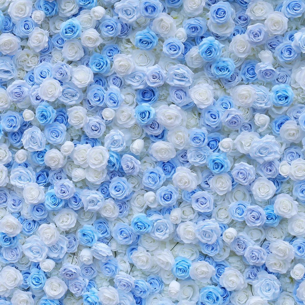 Flower Wall Backdrop [Cinderella Blue White Rose Roll-Up Fabric Panel] for Ceremony & Photo Booth
