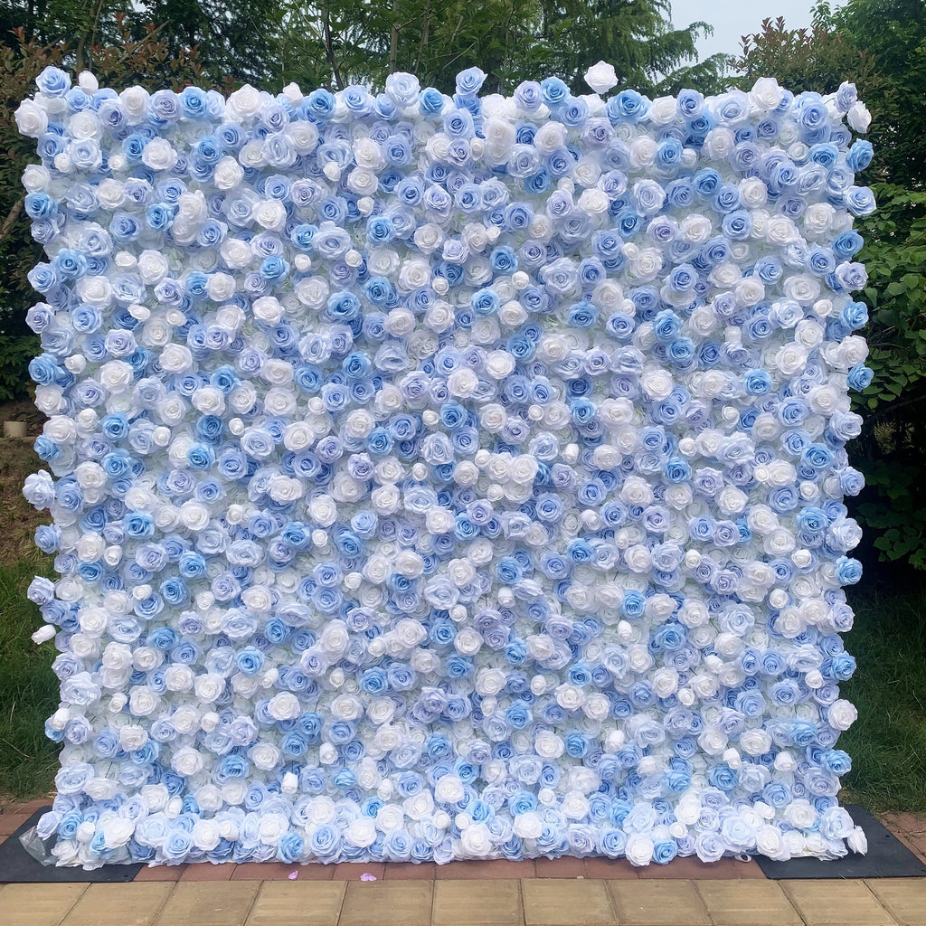 Flower Wall Backdrop [Cinderella Blue White Rose Roll-Up Fabric Panel] for Ceremony & Photo Booth