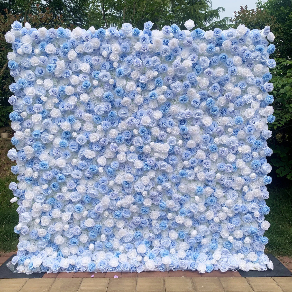 Flower Wall Backdrop [Cinderella Blue White Rose Roll-Up Fabric Panel] for Ceremony & Photo Booth