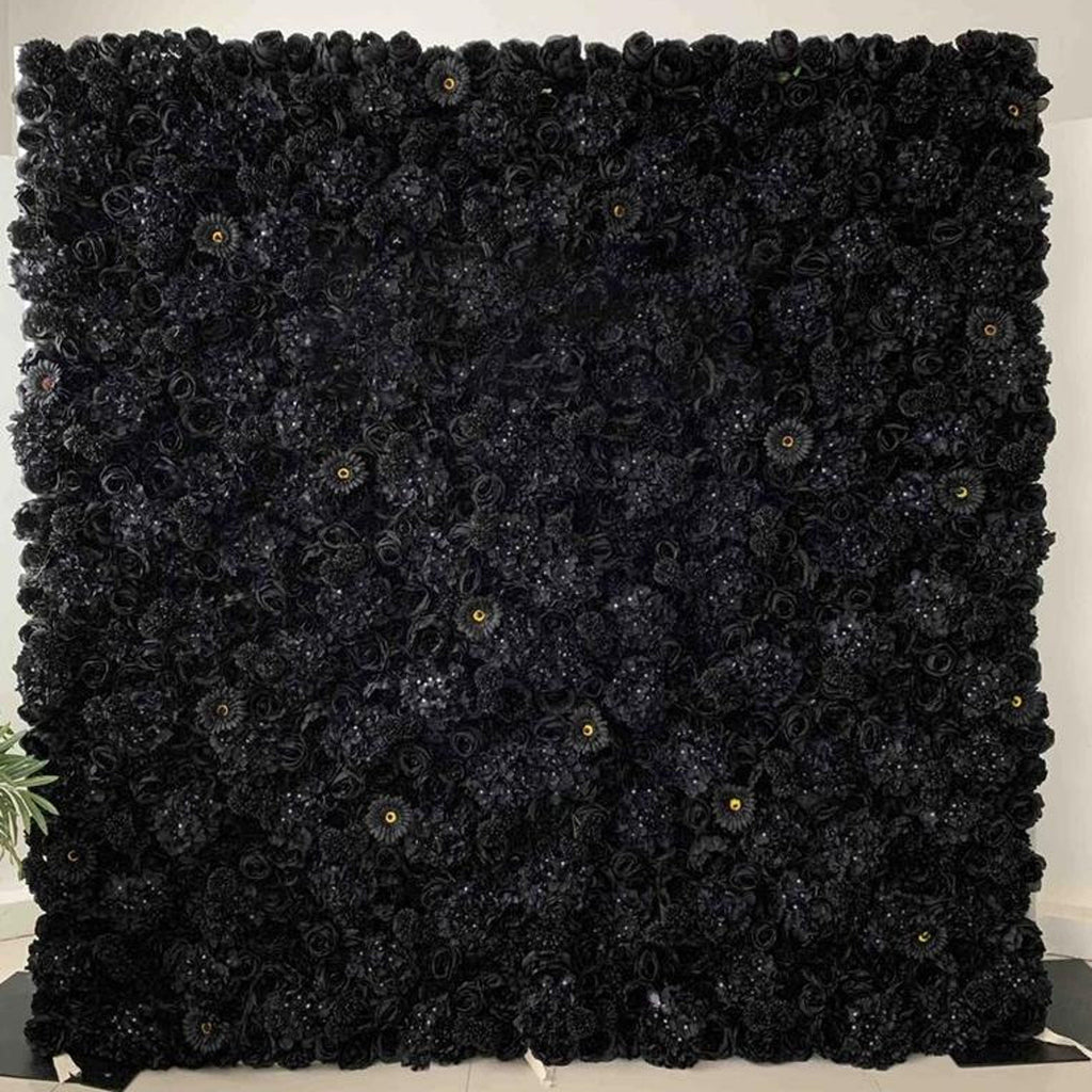 US DDP Full Black  Flower Roll Up Curtain Fabric Cloth Artifical Floral Wall for Wedding Party Home Salon Decor backdrop