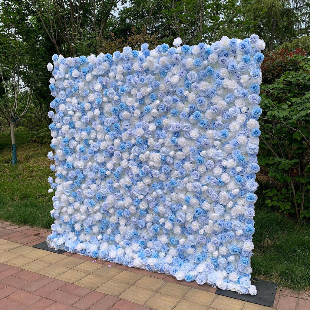 Flower Wall Backdrop [Cinderella Blue White Rose Roll-Up Fabric Panel] for Ceremony & Photo Booth