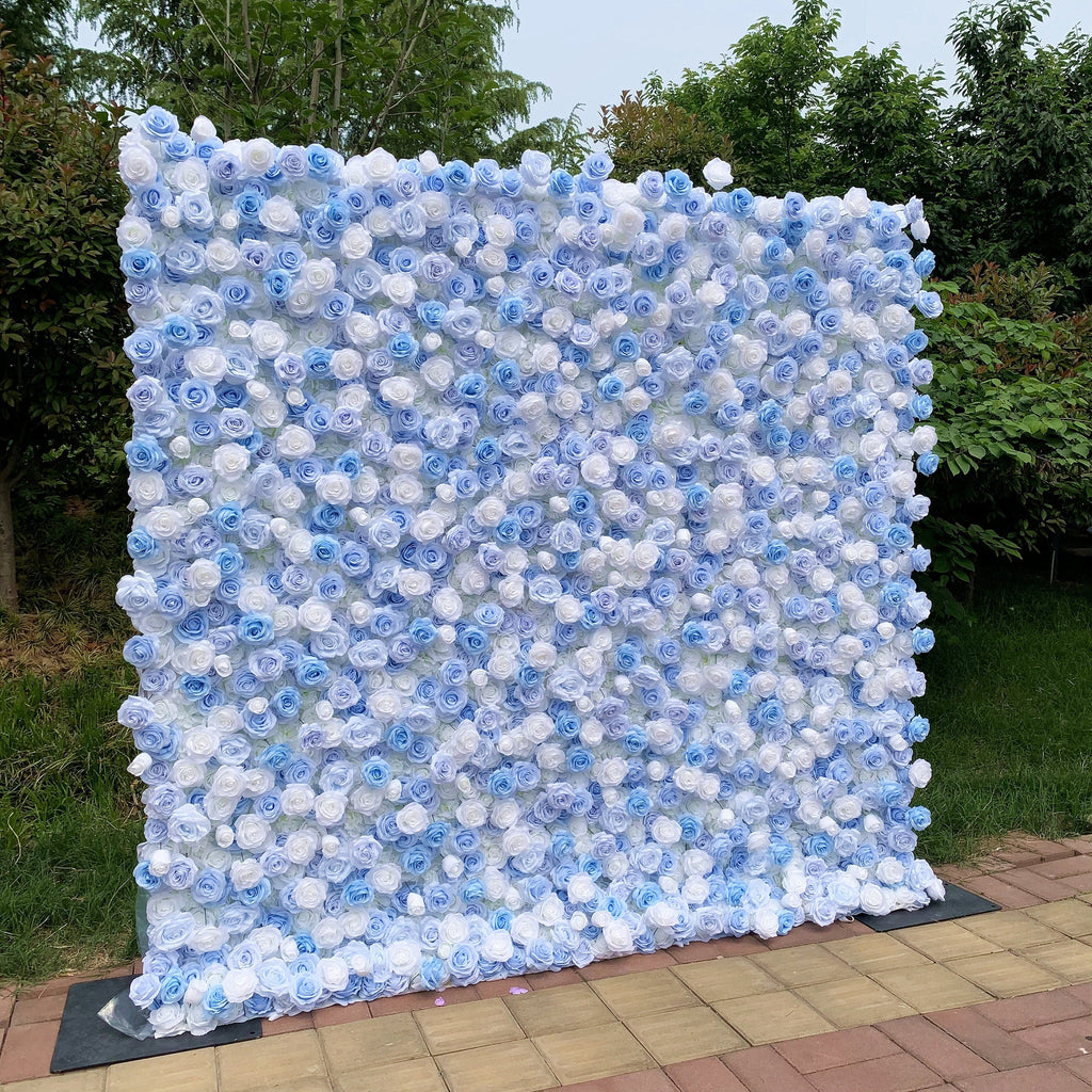 Flower Wall Backdrop [Cinderella Blue White Rose Roll-Up Fabric Panel] for Ceremony & Photo Booth