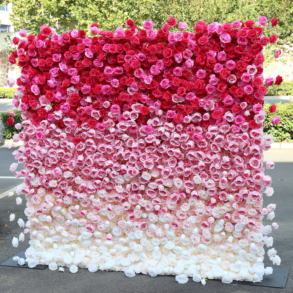 Flower Wall Backdrop [Raspberry Blush Ombre Rose Dual-Sided Roll-Up Fabric Panel] for Ceremony & Photo Booth