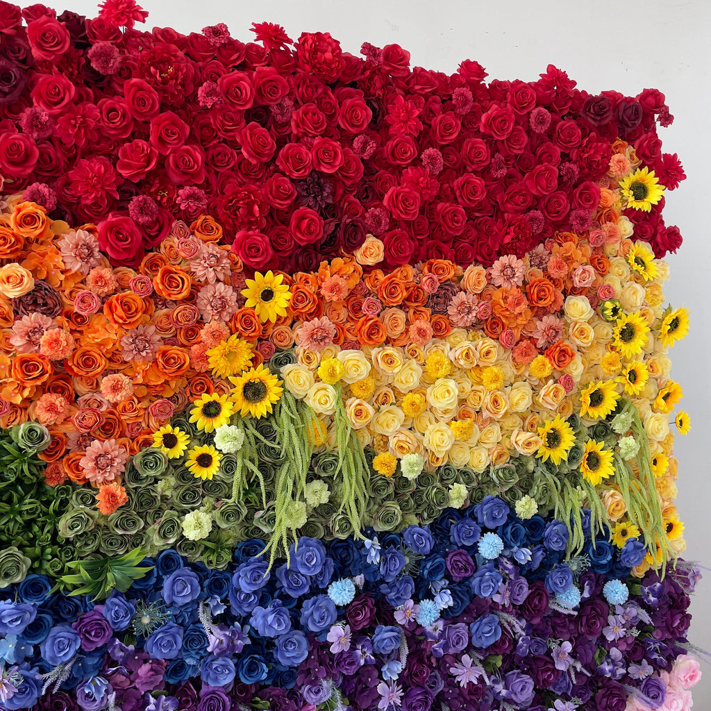 Flower Wall Backdrop [Rainbow Horizon Sunflower Rose Roll-Up Fabric Panel] for Ceremony & Photo Booth