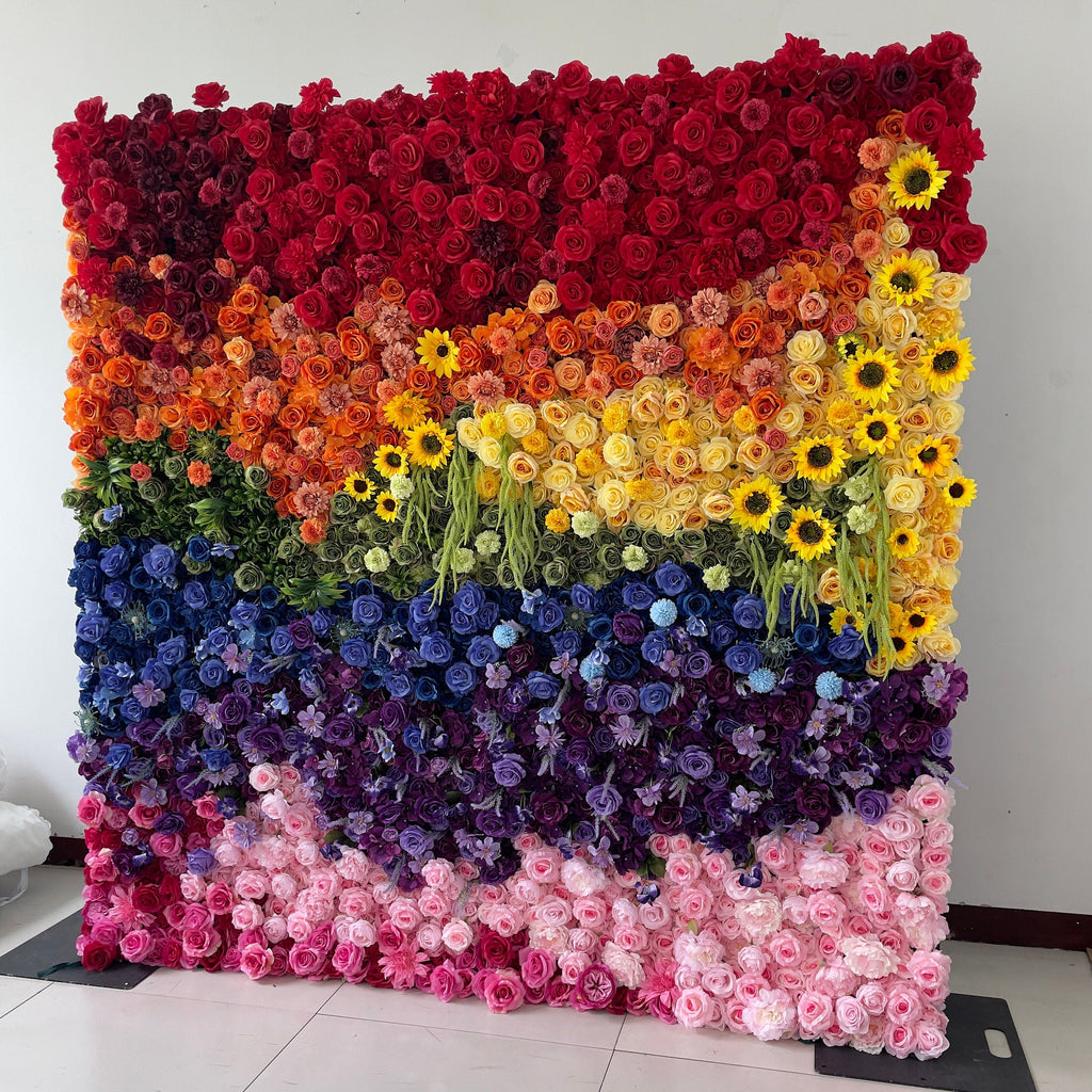 Flower Wall Backdrop [Rainbow Horizon Sunflower Rose Roll-Up Fabric Panel] for Ceremony & Photo Booth