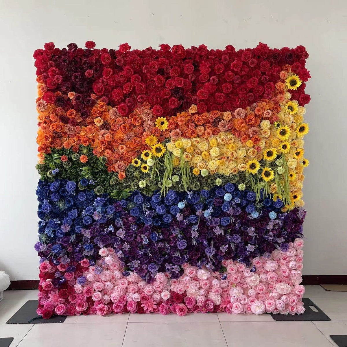 Flower Wall Backdrop [Rainbow Horizon Sunflower Rose Roll-Up Fabric Panel] for Ceremony & Photo Booth