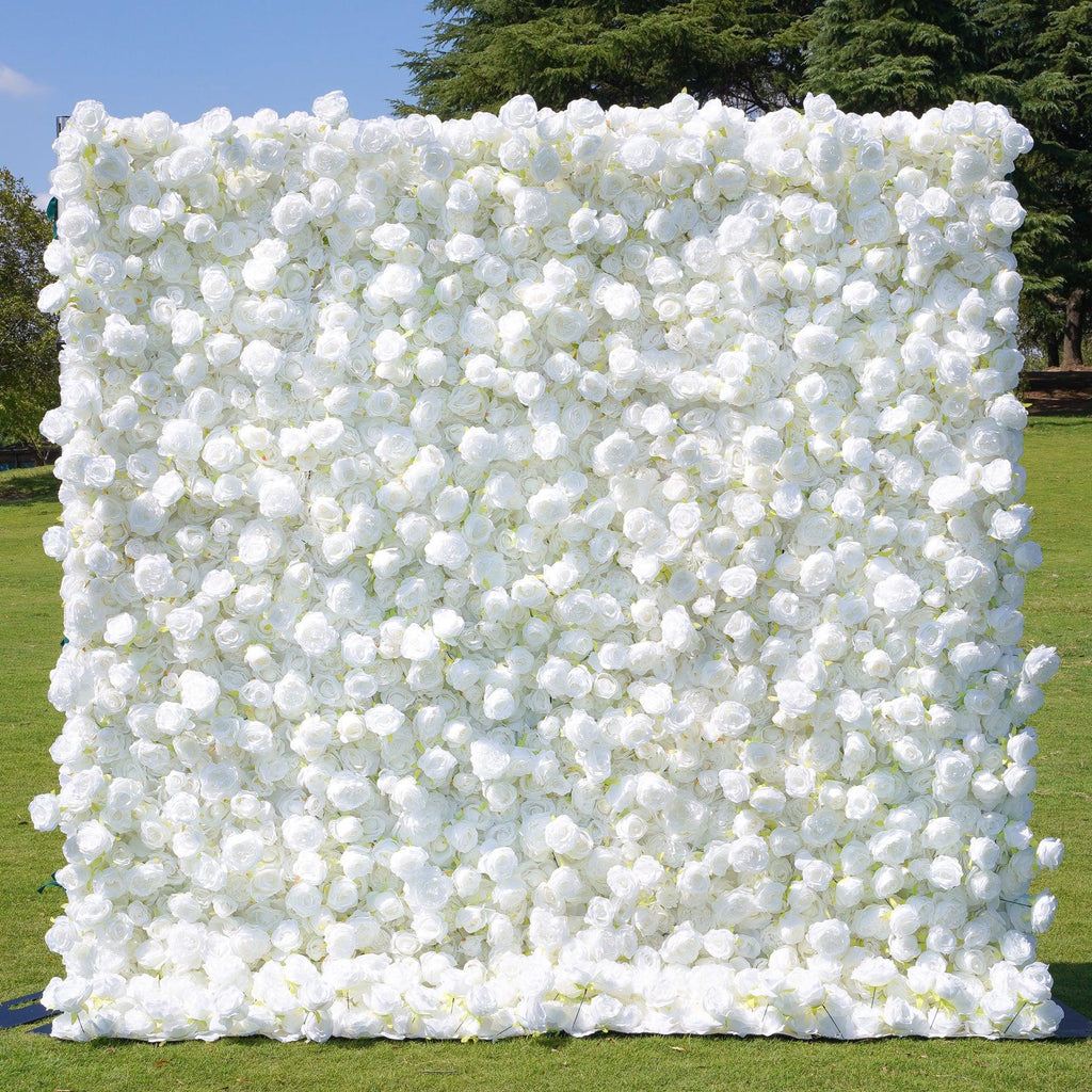 Ships from Houston | White Rose Flower Wall Backdrop, 8x8 ft Artificial Floral Wall, Wedding Photo Booth Decor, Roll-Up Fabric Backdrop
