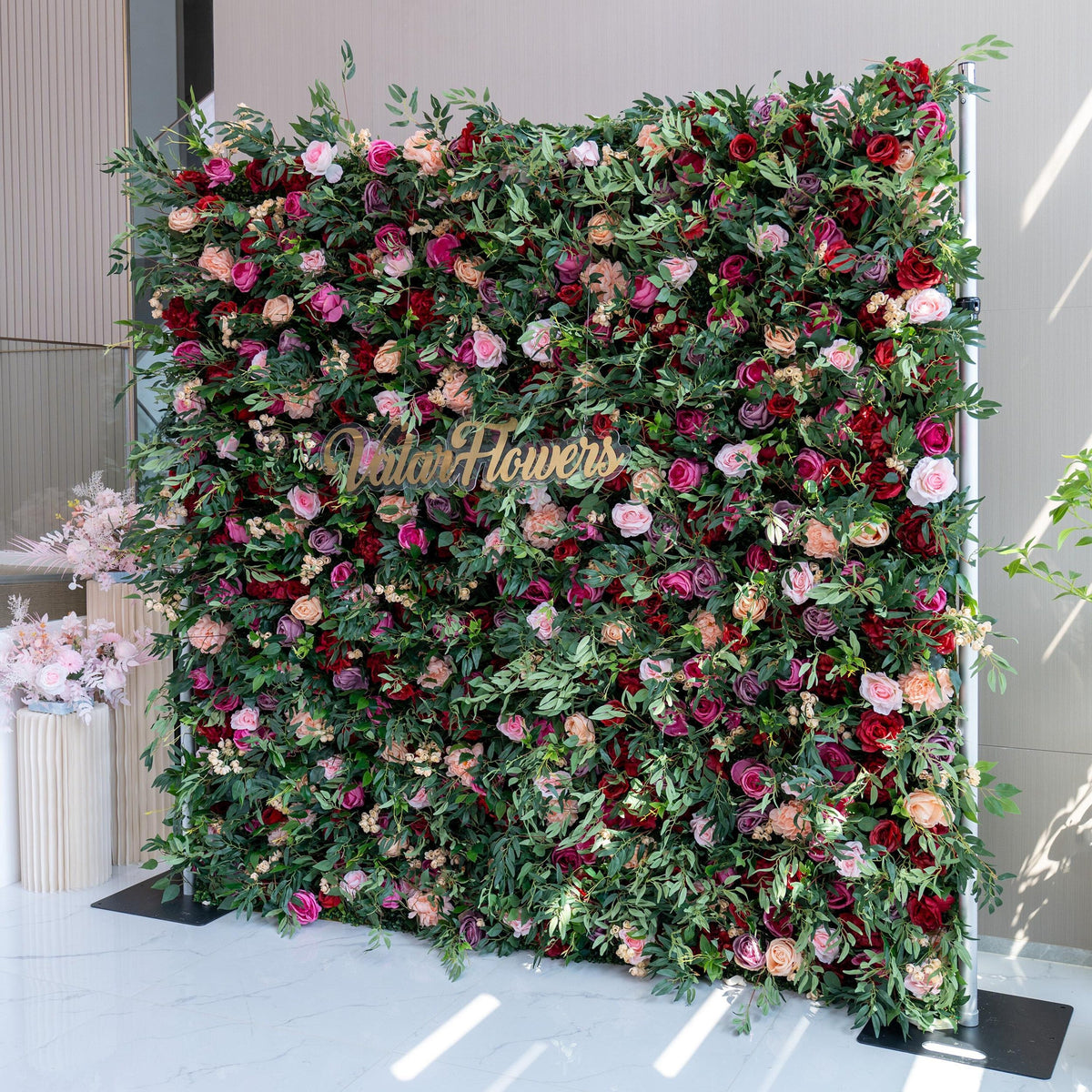 Artificial Flower Wall Backdrop, Magenta Pink Rose, Wedding Photo Booth