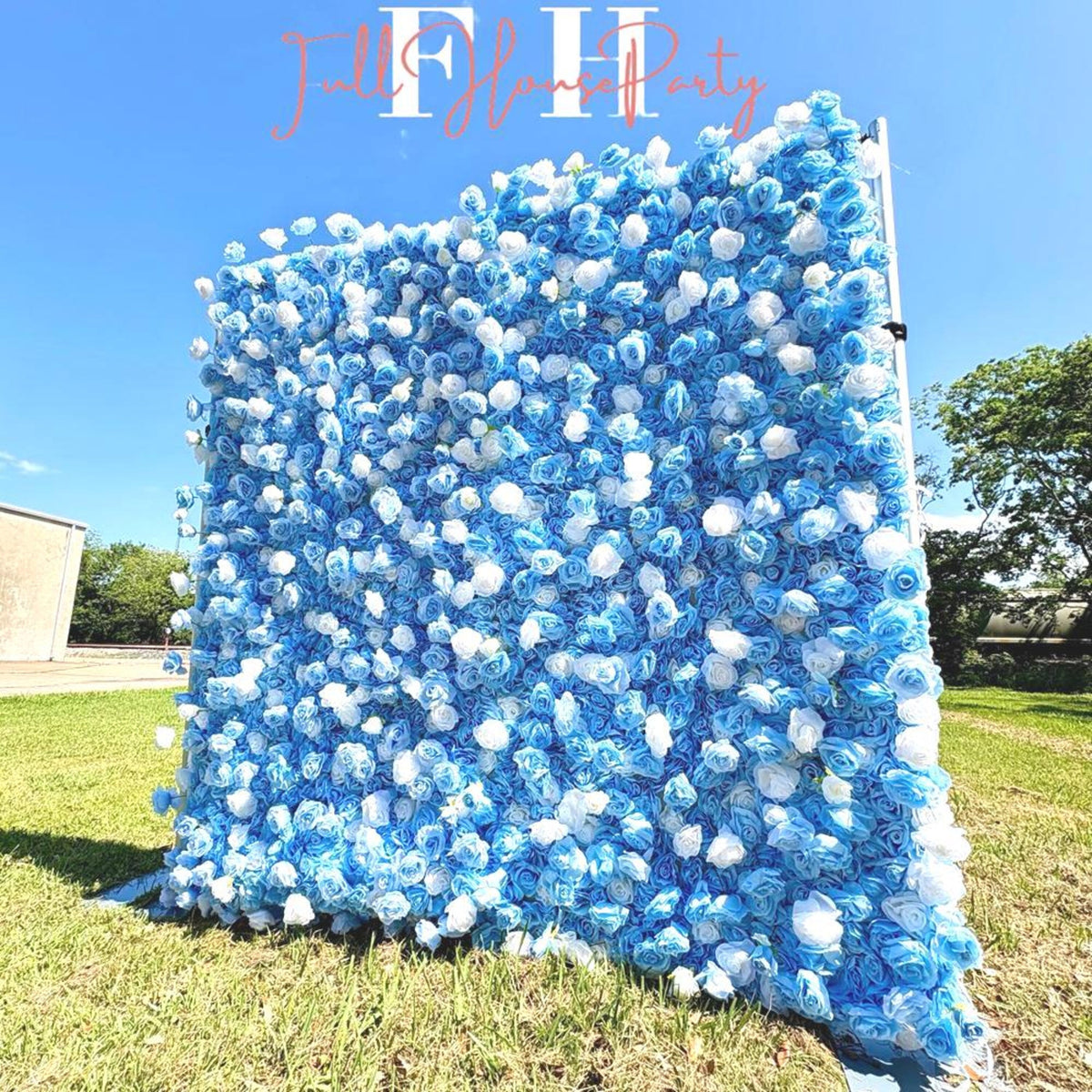 Ships from Houston|5D Blue and White Rose Fabric Flower Wall  - Flower Wall Rolling Up Curtain Wall, Wedding Party Photo Backdrop