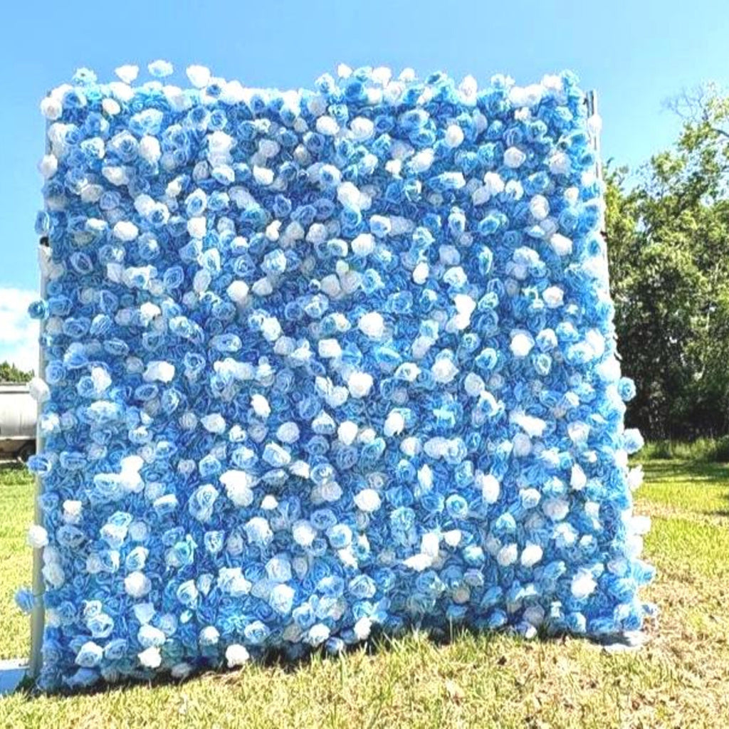 Ships from Houston|5D Blue and White Rose Fabric Flower Wall  - Flower Wall Rolling Up Curtain Wall, Wedding Party Photo Backdrop