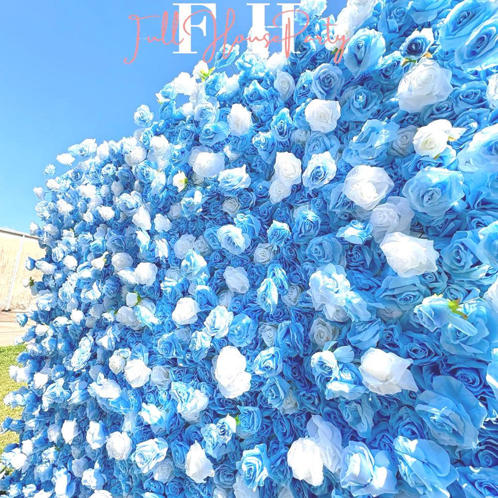 Ships from Houston|5D Blue and White Rose Fabric Flower Wall  - Flower Wall Rolling Up Curtain Wall, Wedding Party Photo Backdrop