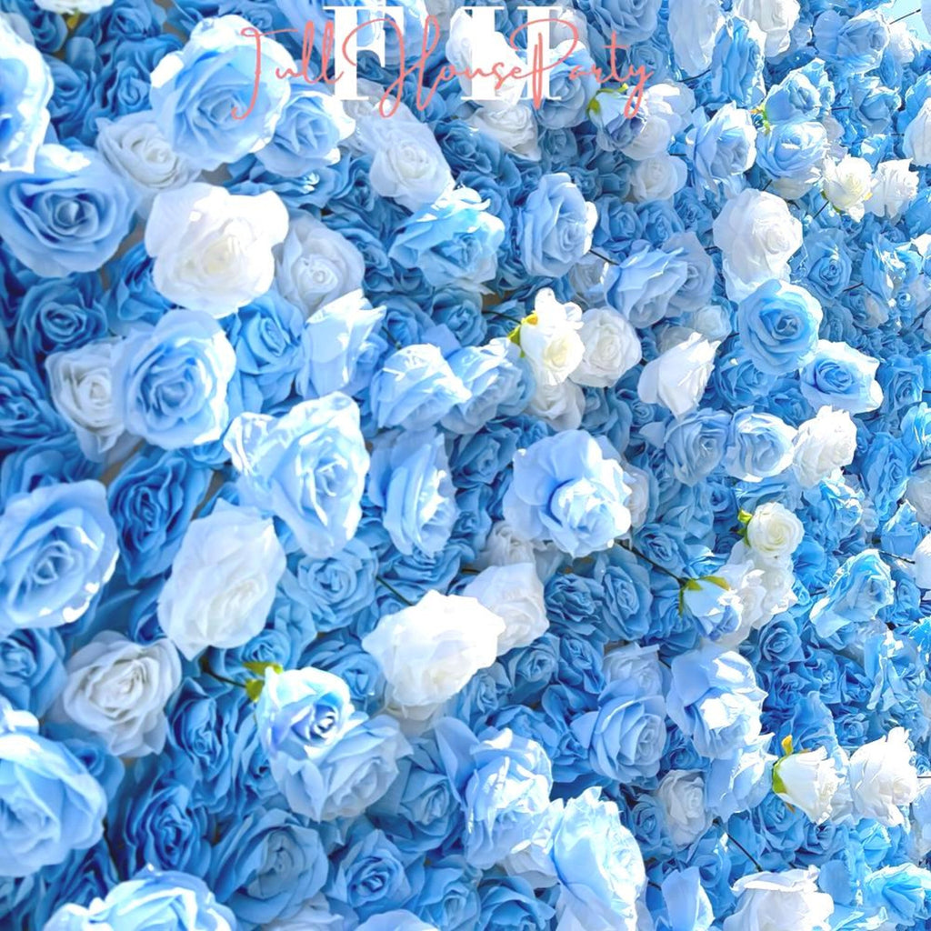 Ships from Houston|5D Blue and White Rose Fabric Flower Wall  - Flower Wall Rolling Up Curtain Wall, Wedding Party Photo Backdrop