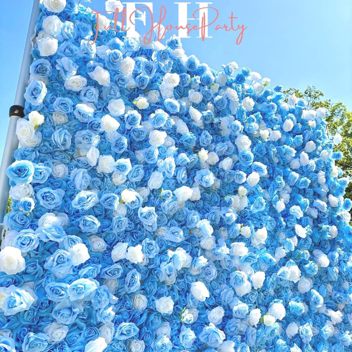 Ships from Houston|5D Blue and White Rose Fabric Flower Wall  - Flower Wall Rolling Up Curtain Wall, Wedding Party Photo Backdrop