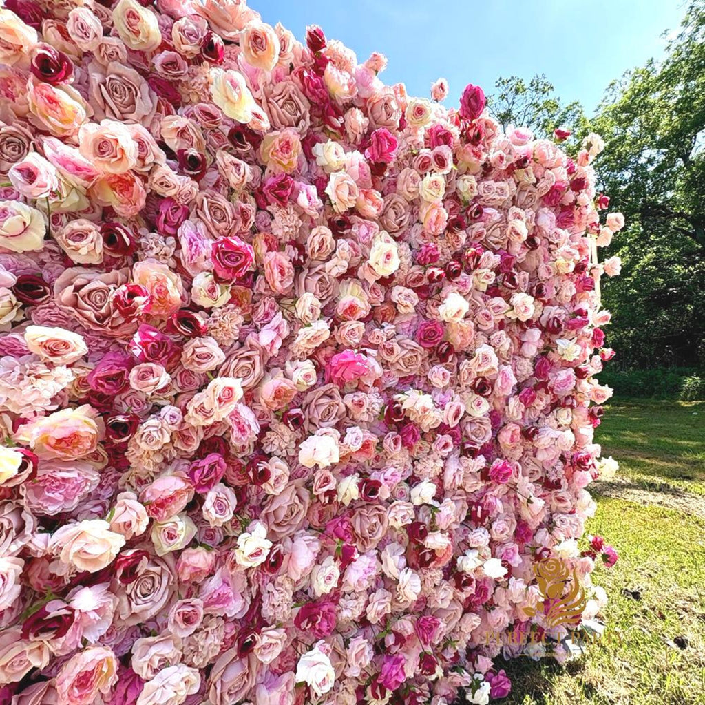 US Seller-5D pink Roses Flower Wall8*8ft - Flower Wall Rolling Up Curtain Wall, flower Fabric Backdrop，Artificial rolling up curtain flower