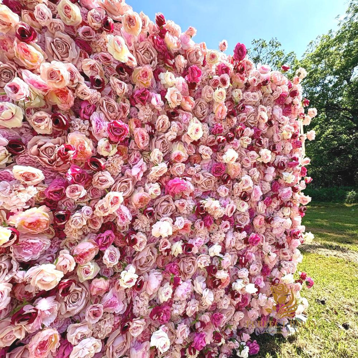 US Seller-5D pink Roses Flower Wall8*8ft - Flower Wall Rolling Up Curtain Wall, flower Fabric Backdrop，Artificial rolling up curtain flower