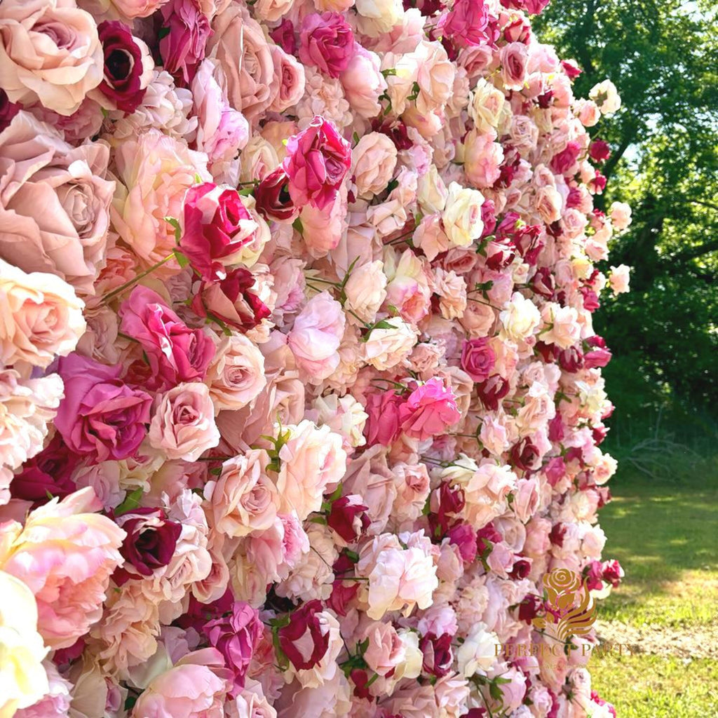 US Seller-5D pink Roses Flower Wall8*8ft - Flower Wall Rolling Up Curtain Wall, flower Fabric Backdrop，Artificial rolling up curtain flower