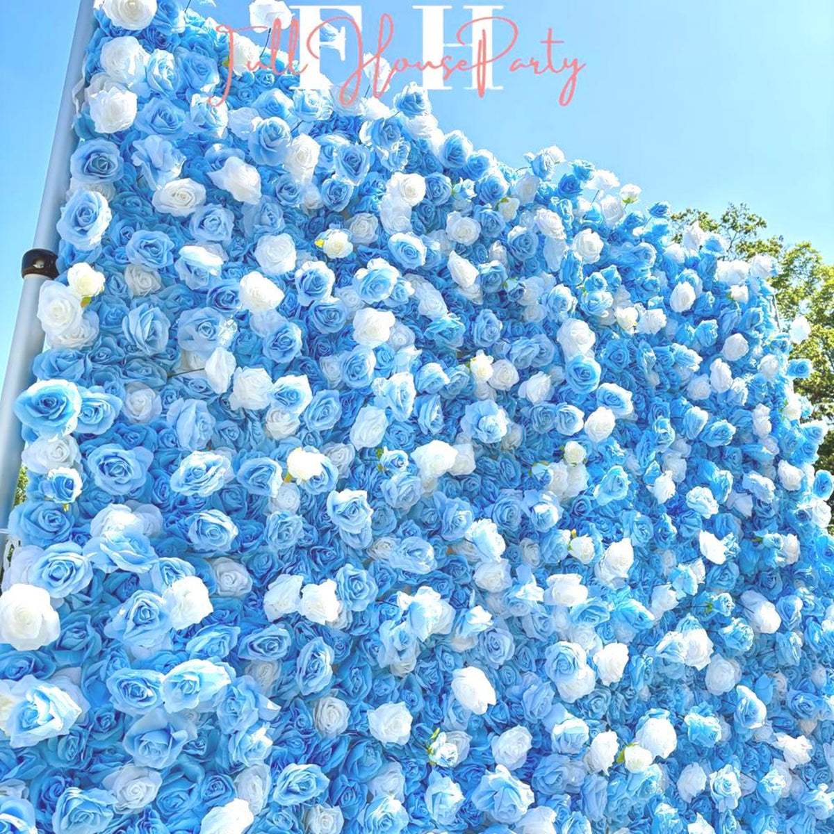 Ships from Houston|5D Blue and White Rose Fabric Flower Wall  - Flower Wall Rolling Up Curtain Wall, Wedding Party Photo Backdrop