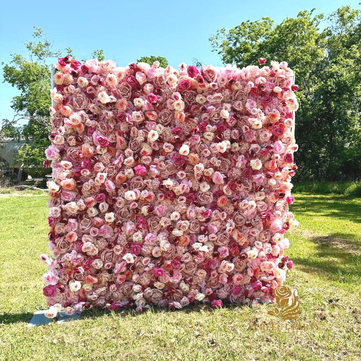 US Seller-5D pink Roses Flower Wall8*8ft - Flower Wall Rolling Up Curtain Wall, flower Fabric Backdrop，Artificial rolling up curtain flower