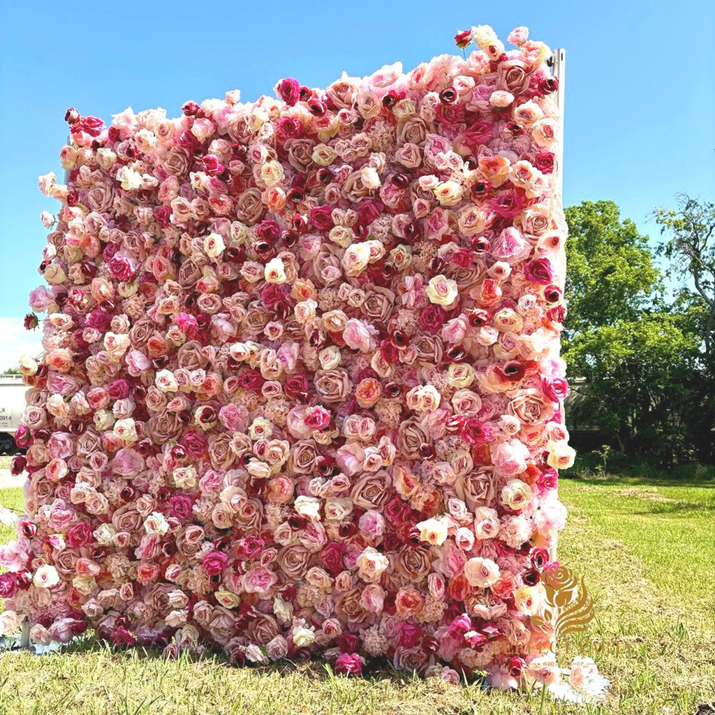 US Seller-5D pink Roses Flower Wall8*8ft - Flower Wall Rolling Up Curtain Wall, flower Fabric Backdrop，Artificial rolling up curtain flower