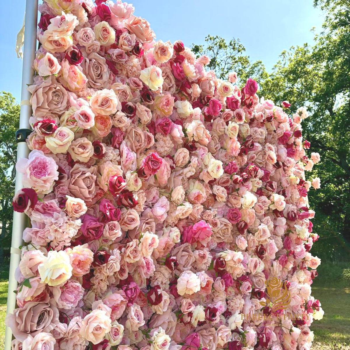 US Seller-5D pink Roses Flower Wall8*8ft - Flower Wall Rolling Up Curtain Wall, flower Fabric Backdrop，Artificial rolling up curtain flower