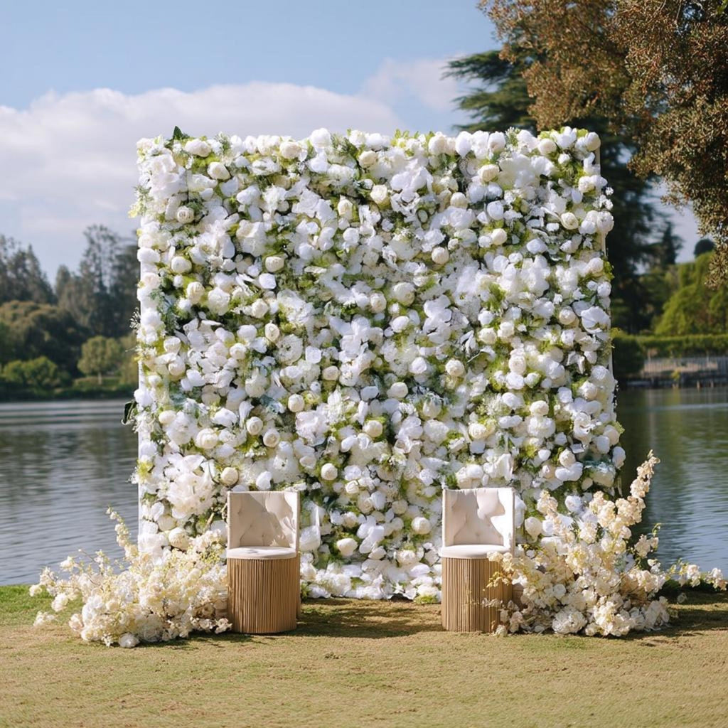 Ships from Houston | 5D White Rose Flower Wall 8x8ft, Fabric Flower Roller Curtain Backdrop, Wedding Party Photo Wall Decor