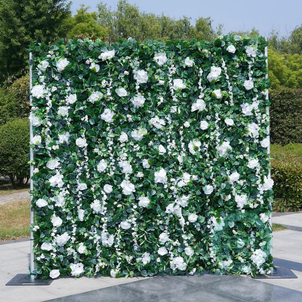 White Rose & Greenery Flower Wall Backdrop | 8x8ft 5D Roll-Up Floral Curtain for Wedding,Photo Booth