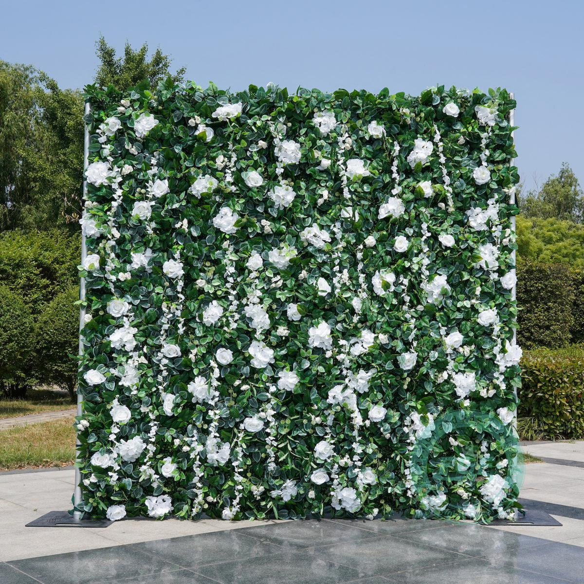 White Rose & Greenery Flower Wall Backdrop | 8x8ft 5D Roll-Up Floral Curtain for Wedding,Photo Booth