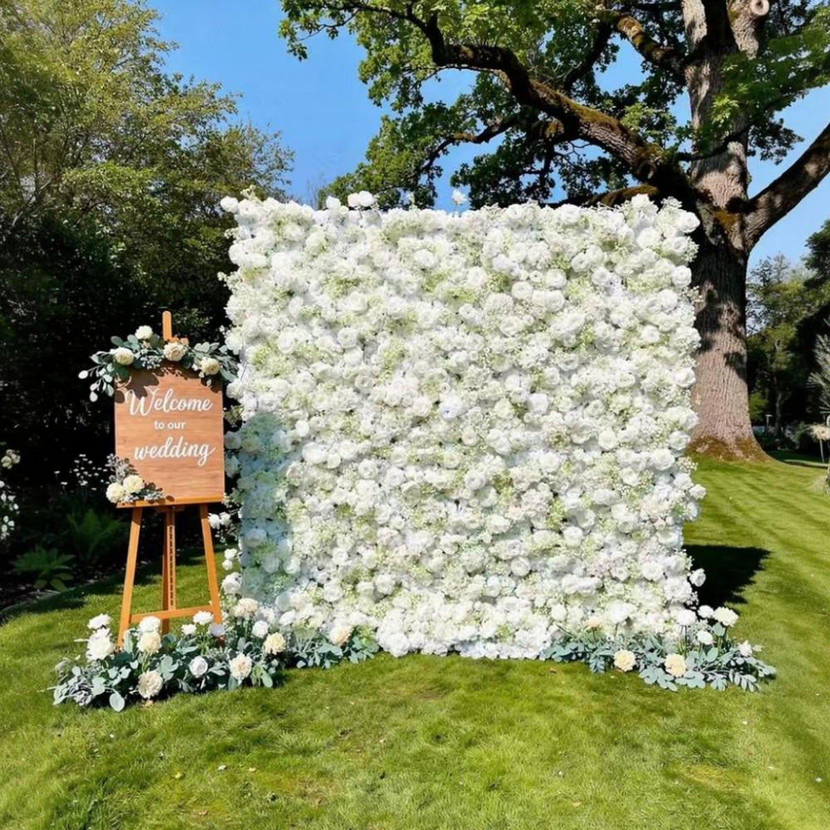 Ships from Houston | White Rose Flower Wall Backdrop, 8x8 ft Artificial Floral Wall, Wedding Photo Booth Decor, Roll-Up Fabric Backdrop
