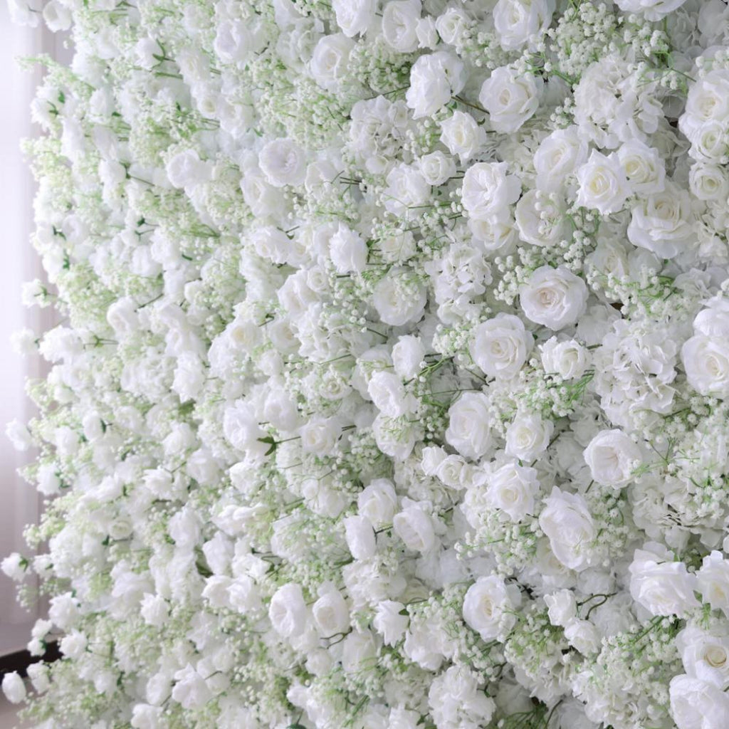 Ships from Houston | White Rose Flower Wall Backdrop, 8x8 ft Artificial Floral Wall, Wedding Photo Booth Decor, Roll-Up Fabric Backdrop