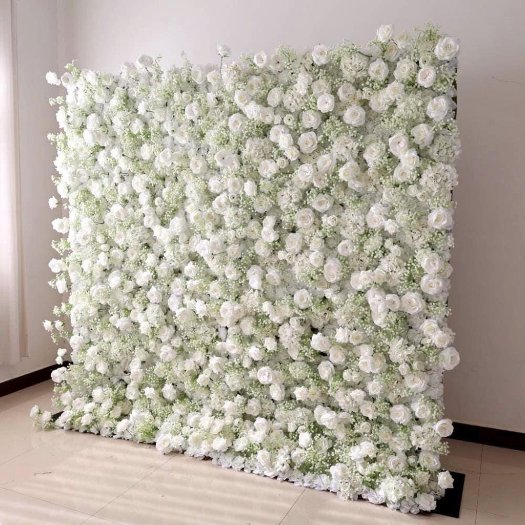 Ships from Houston | White Rose Flower Wall Backdrop, 8x8 ft Artificial Floral Wall, Wedding Photo Booth Decor, Roll-Up Fabric Backdrop
