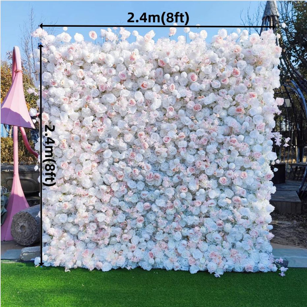 US Stock! 5D Pink & Chanpane Rose Flower Wall Fabric Cloth Vintage Style Artificial Floral Backdrop for Wedding Party Event Easy Roll Up