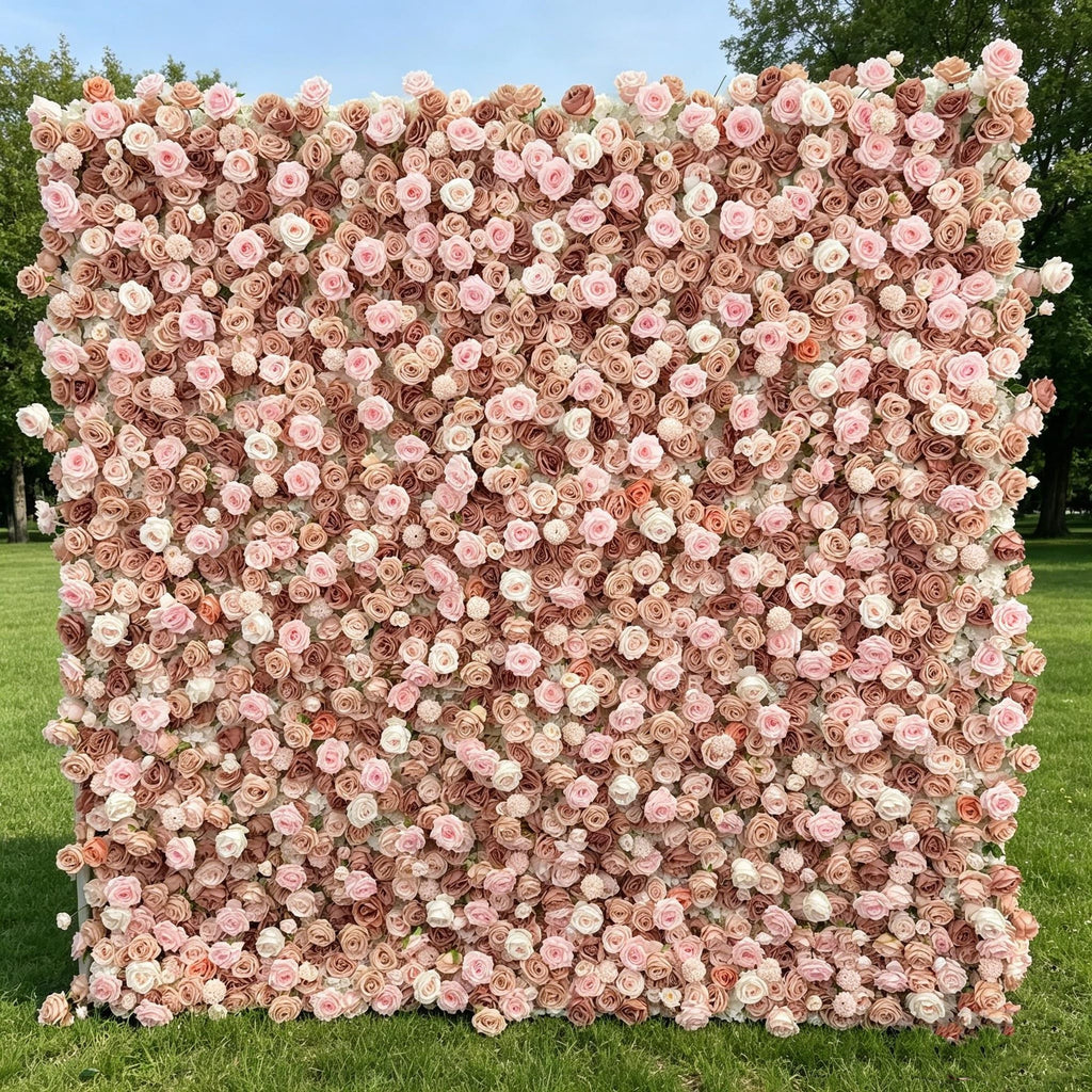 US Stock! 5D Pink & Chanpane Rose Flower Wall Fabric Cloth Vintage Style Artificial Floral Backdrop for Wedding Party Event Easy Roll Up