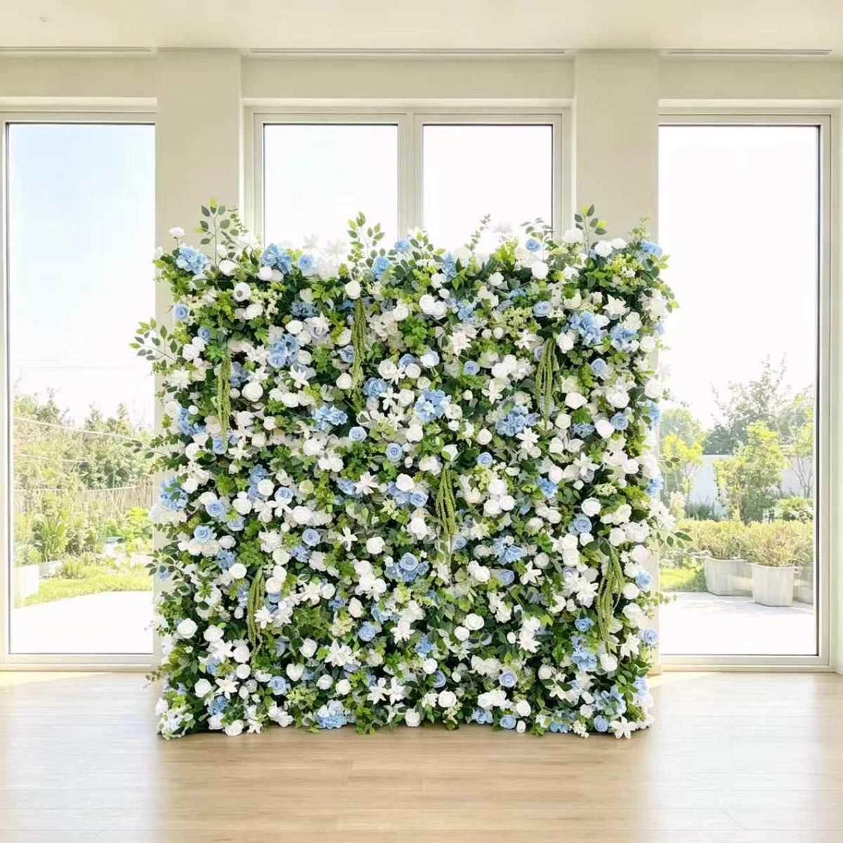 Flower Wall Backdrop [Sky Blue Hydrangea Ivory Garden Greenery Roll-Up Fabric Panel] for Ceremony & Photo Booth