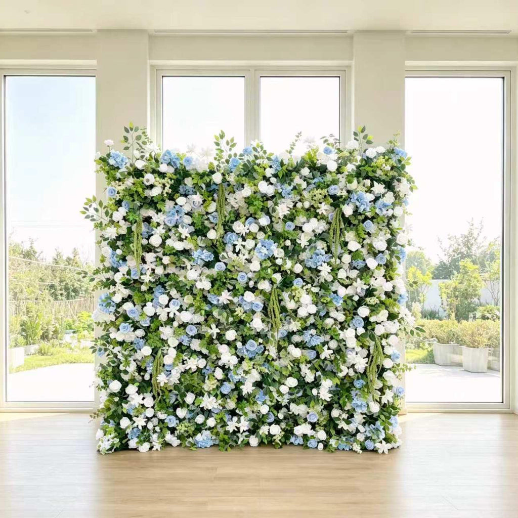 Flower Wall Backdrop [Sky Blue Hydrangea Ivory Garden Greenery Roll-Up Fabric Panel] for Ceremony & Photo Booth