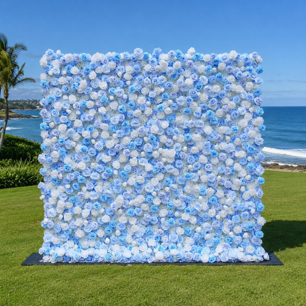 Flower Wall Backdrop [Cinderella Blue White Rose Roll-Up Fabric Panel] for Ceremony & Photo Booth
