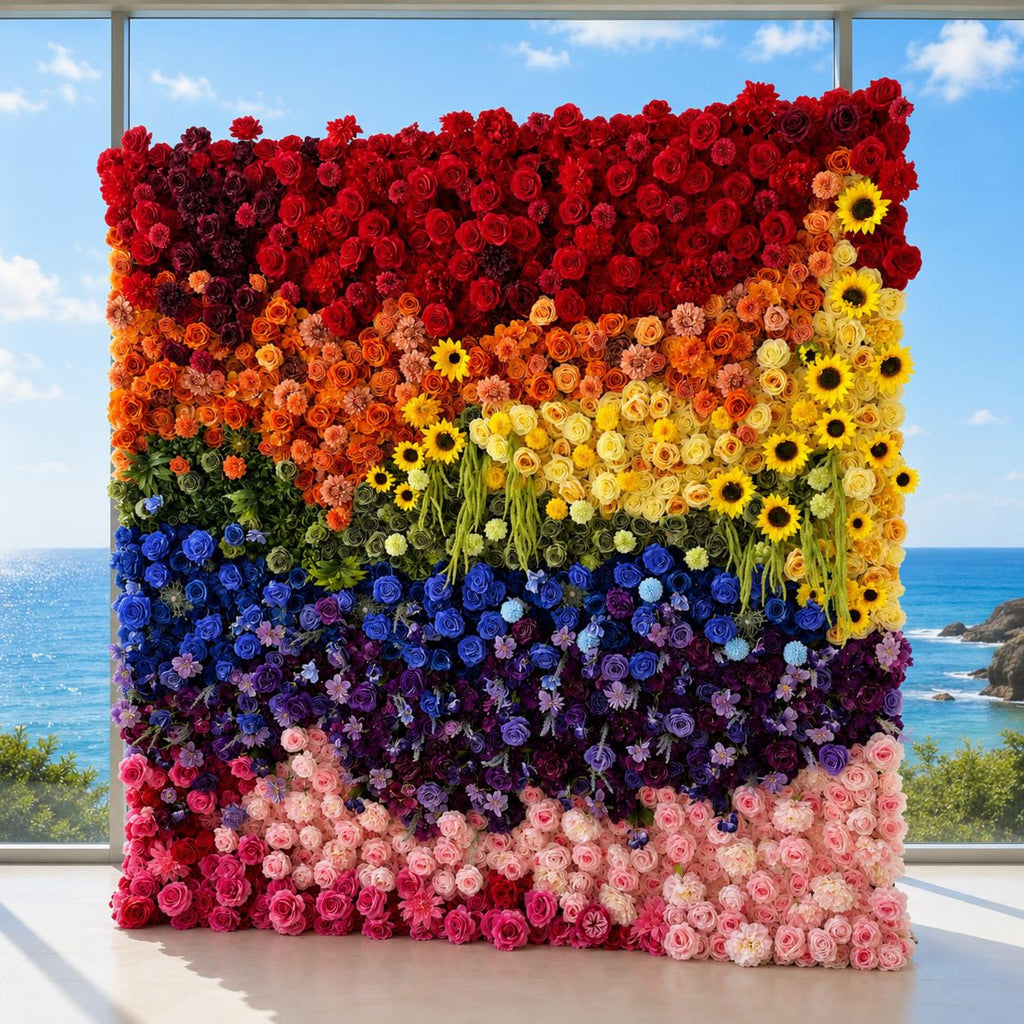 Flower Wall Backdrop [Rainbow Horizon Sunflower Rose Roll-Up Fabric Panel] for Ceremony & Photo Booth