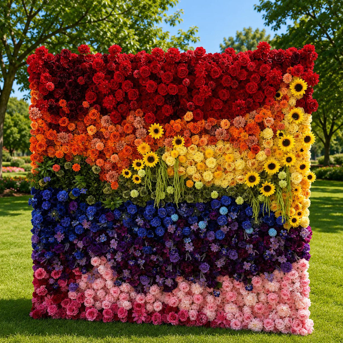 Flower Wall Backdrop [Rainbow Horizon Sunflower Rose Roll-Up Fabric Panel] for Ceremony & Photo Booth