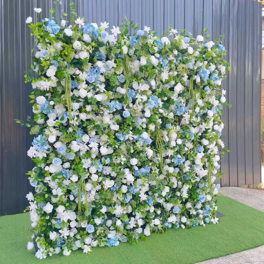 Flower Wall Backdrop [Sky Blue Hydrangea Ivory Garden Greenery Roll-Up Fabric Panel] for Ceremony & Photo Booth