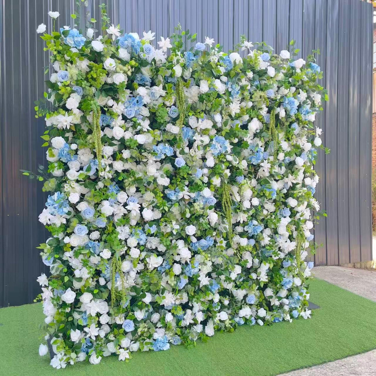 Flower Wall Backdrop [Sky Blue Hydrangea Ivory Garden Greenery Roll-Up Fabric Panel] for Ceremony & Photo Booth