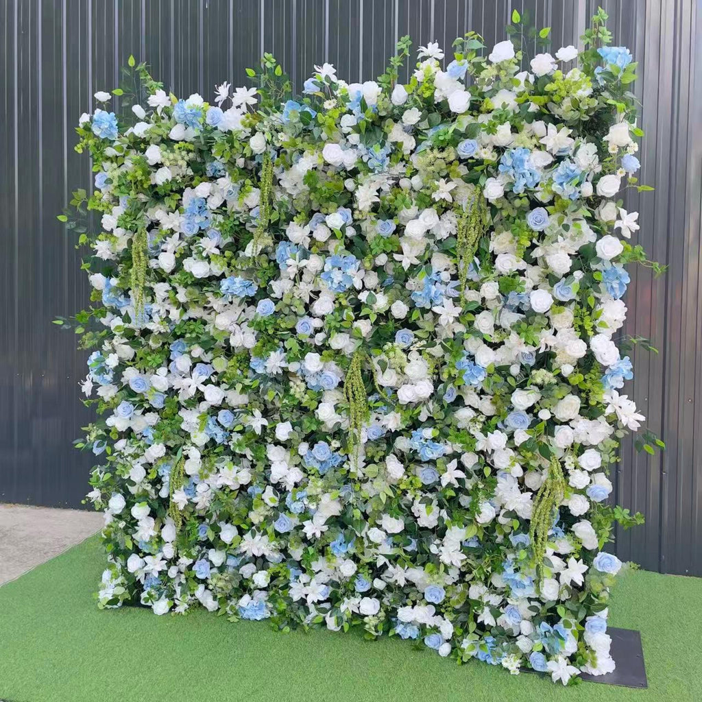 Flower Wall Backdrop [Sky Blue Hydrangea Ivory Garden Greenery Roll-Up Fabric Panel] for Ceremony & Photo Booth