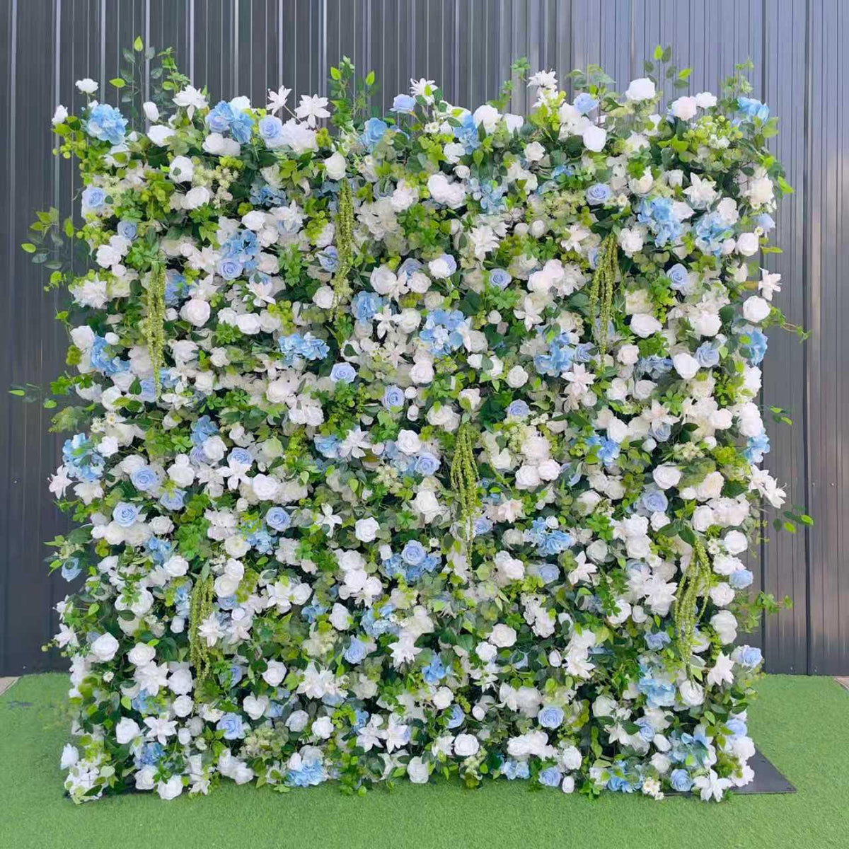 Flower Wall Backdrop [Sky Blue Hydrangea Ivory Garden Greenery Roll-Up Fabric Panel] for Ceremony & Photo Booth