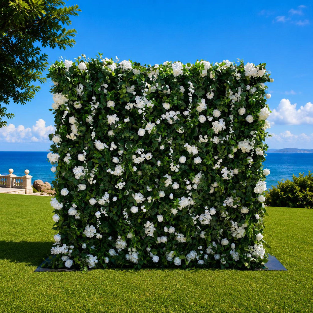 Flower Wall Backdrop [Verdant White Rose Greenery Roll-Up Fabric Panel] for Ceremony & Photo Booth