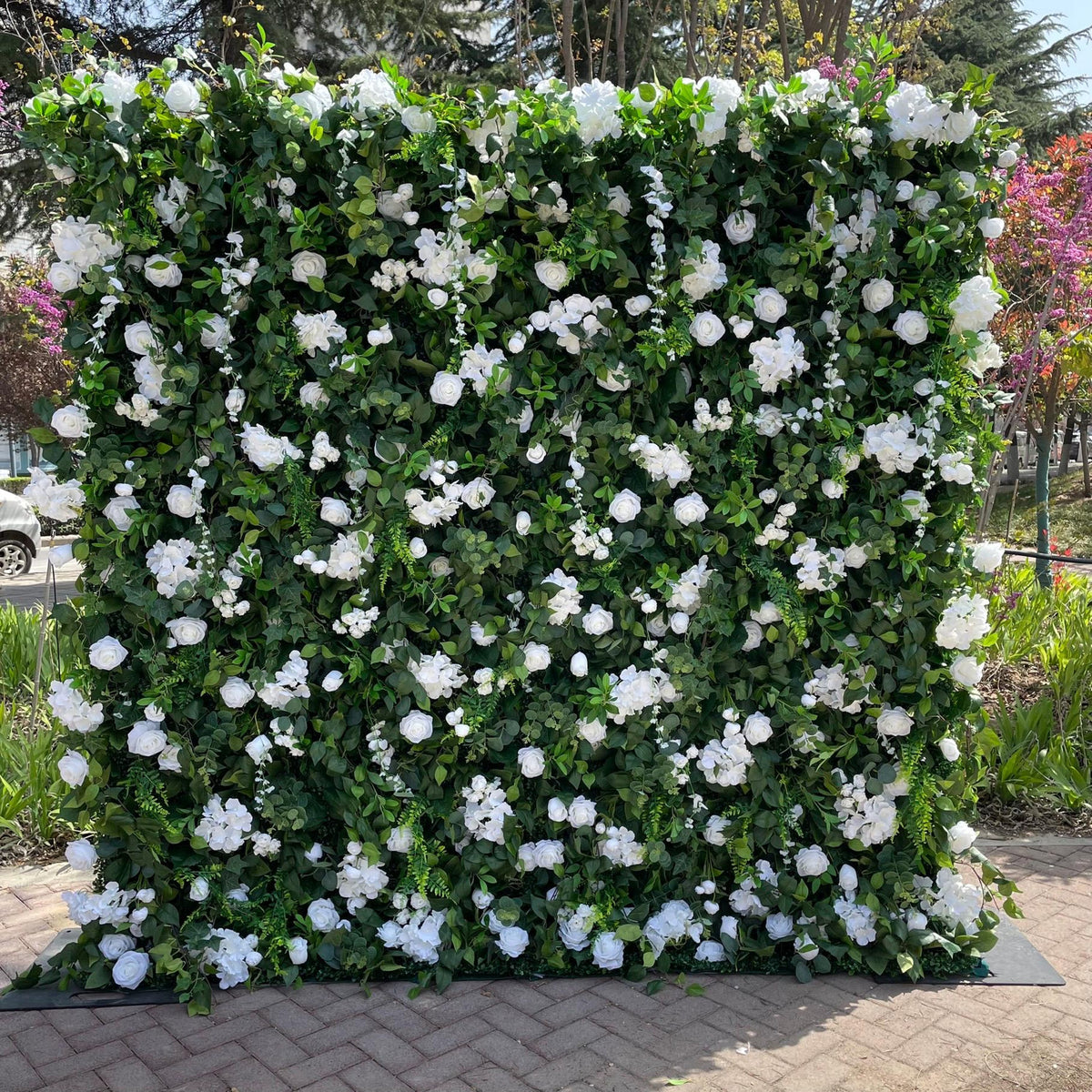 Flower Wall Backdrop [Verdant White Rose Greenery Roll-Up Fabric Panel] for Ceremony & Photo Booth
