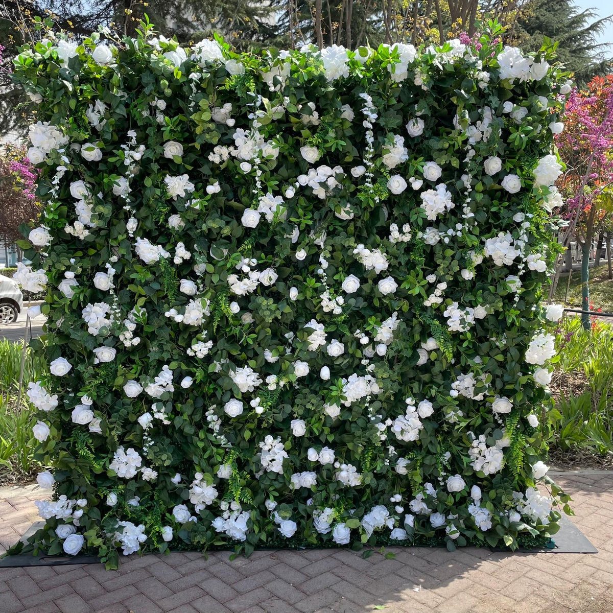 Flower Wall Backdrop [Verdant White Rose Greenery Roll-Up Fabric Panel] for Ceremony & Photo Booth