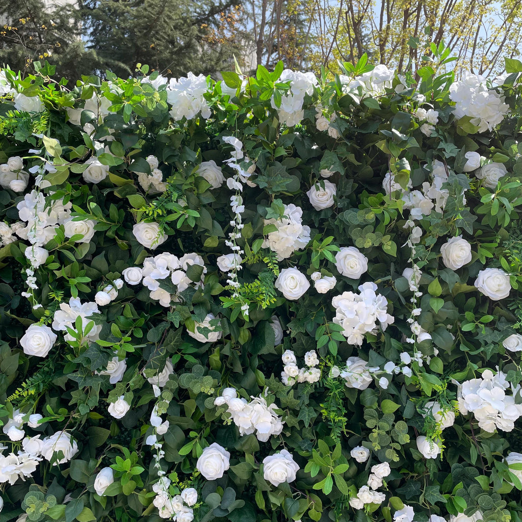 Flower Wall Backdrop [Verdant White Rose Greenery Roll-Up Fabric Panel] for Ceremony & Photo Booth