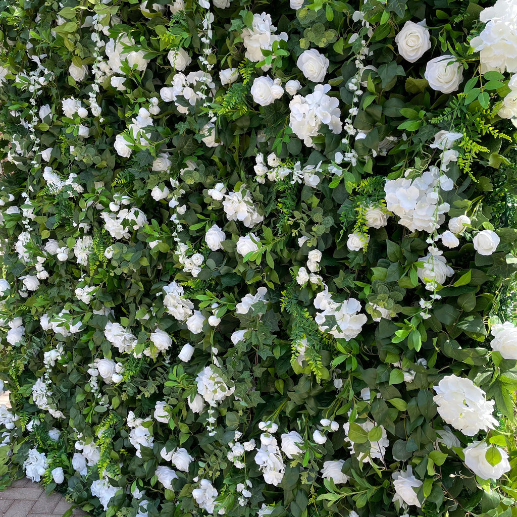 Flower Wall Backdrop [Verdant White Rose Greenery Roll-Up Fabric Panel] for Ceremony & Photo Booth