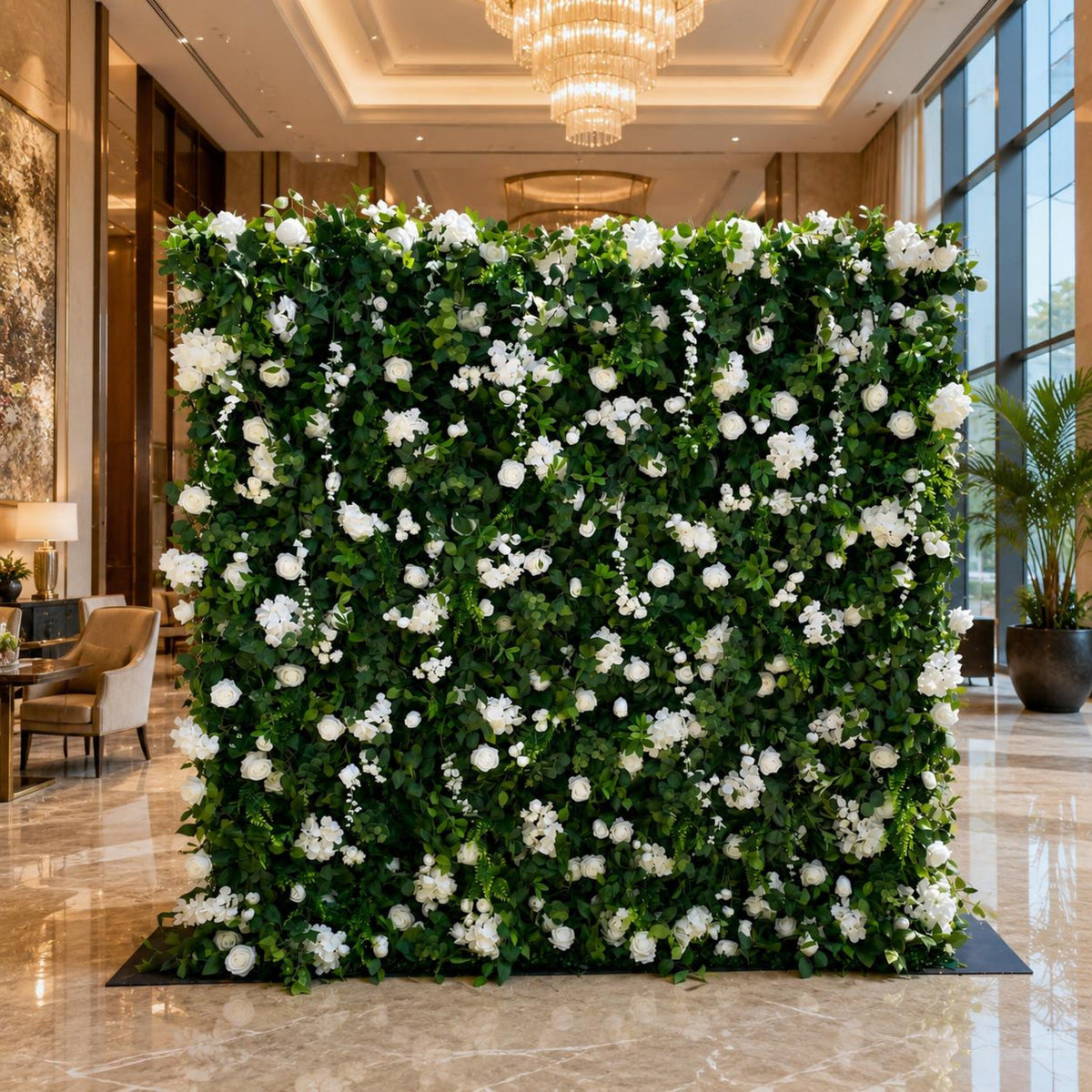 Flower Wall Backdrop [Verdant White Rose Greenery Roll-Up Fabric Panel] for Ceremony & Photo Booth