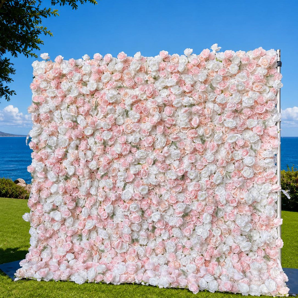 Flower Wall Backdrop [Whisper Blush White Rose Roll-Up Fabric Panel] for Ceremony & Photo Booth