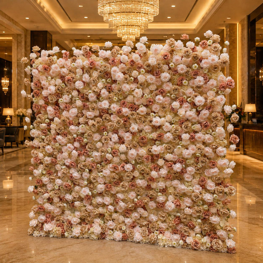 Flower Wall Backdrop [Champagne Rose Dusty Blush Roll-Up Fabric Panel] for Ceremony & Photo Booth