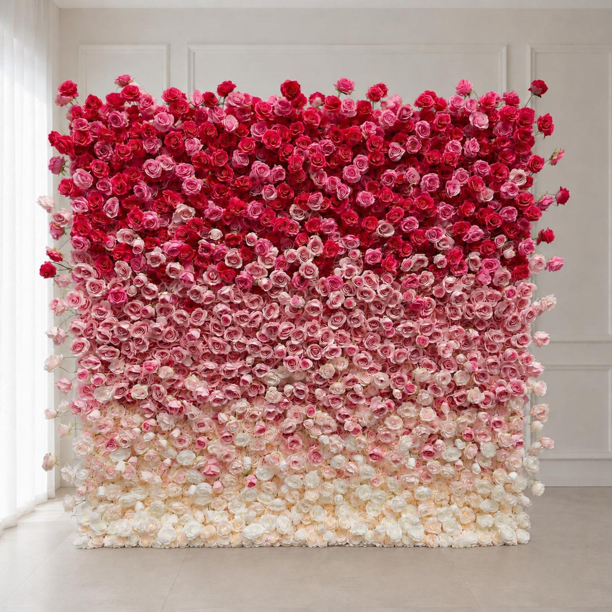 Flower Wall Backdrop [Raspberry Blush Ombre Rose Dual-Sided Roll-Up Fabric Panel] for Ceremony & Photo Booth